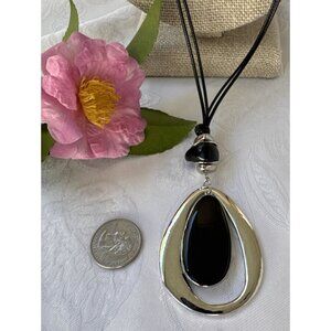 Chicos Black Pendant Silver Tone Long Rope Statement Necklace NEW